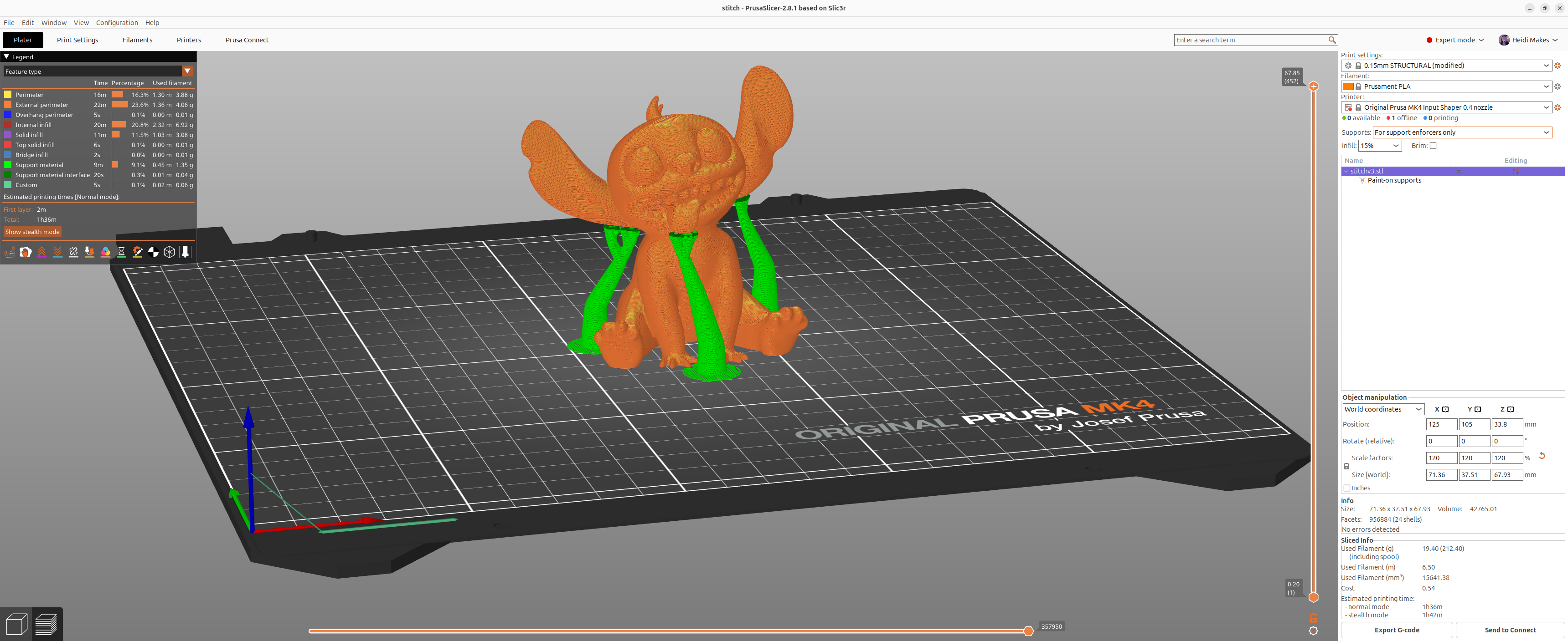 Screenshot of PrusaSlicer with a model being sliced for printing